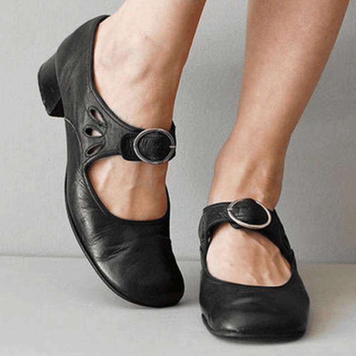 Raianne Women's Shoes: cuero real, extremo redondo, tacón de bloque bajo, bucle de correa - estilo vintage para todas las ocasiones