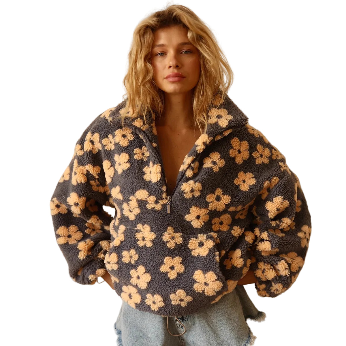 Meley sweter z kwiatowym wzorem damski – miejski, elegancki sweter z miękkiego materiału o luźnym kroju