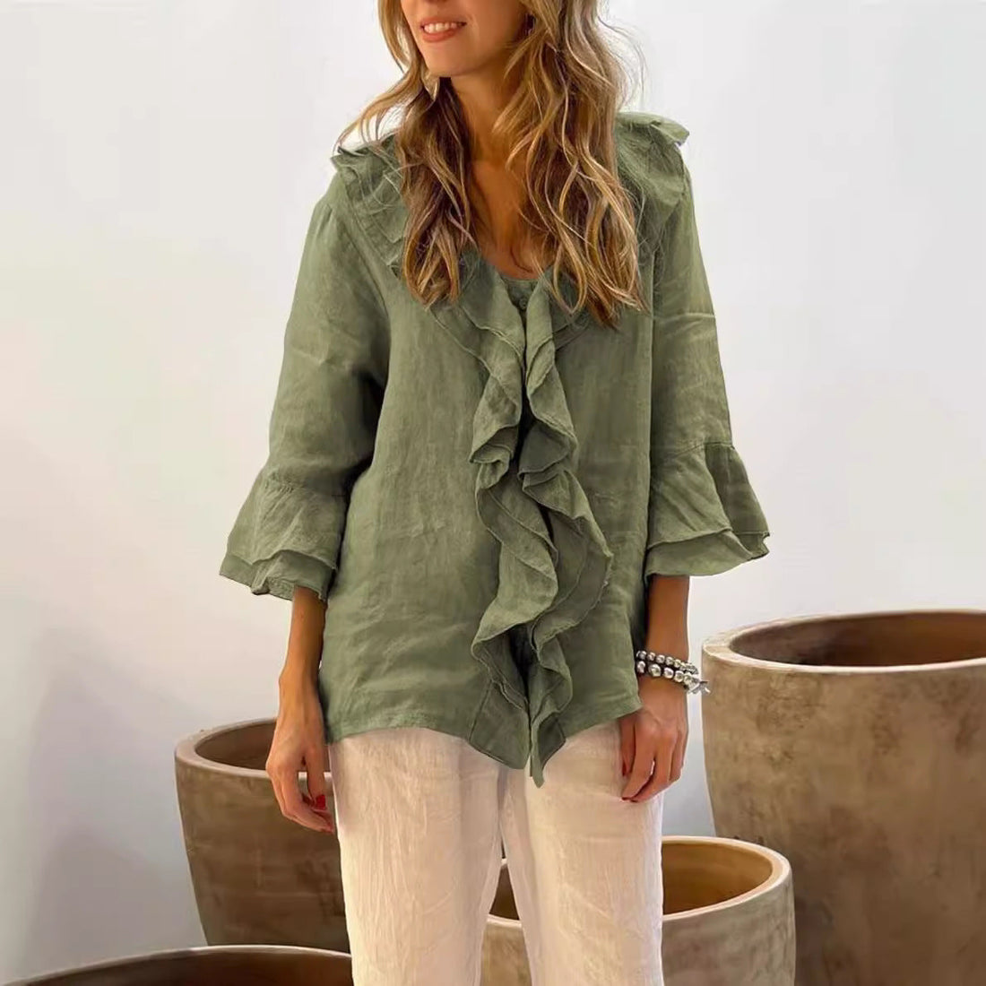 Phoebe Blouse Femme – Blouse Élégante avec Volants & Manches Évasées pour un Look Casual Chic