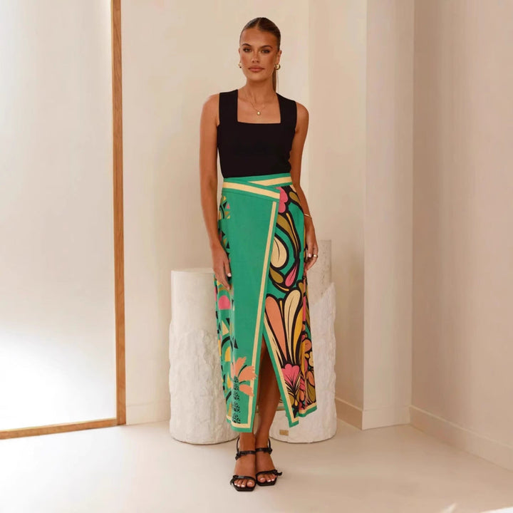 Falda midi de mujeres - cintura de billetera alta con hendidura y elegante estampado abstracto