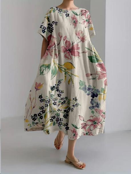 Vestido del mediodía de la mujer de Sareno - vestido de flores ligero con cuello redondo y corte cómodo