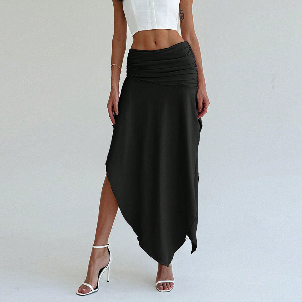 Mena Jupe Midi Femme – Taille Haute, Ceinture Froncée & Ourlet Asymétrique Élégant