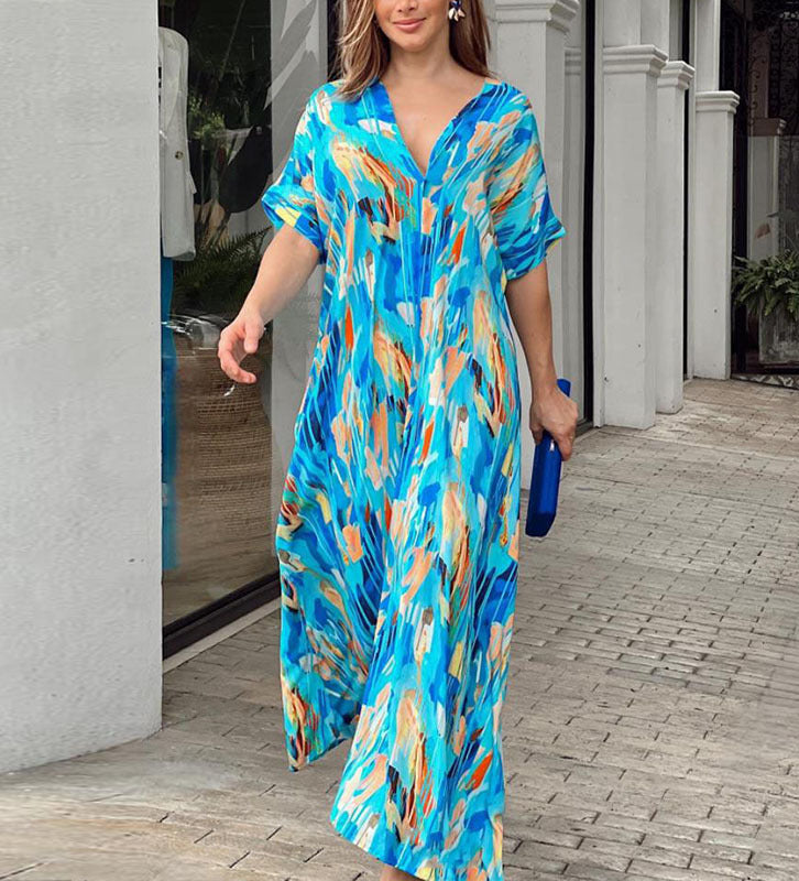 Oaklynn Robe Caftan Femme – Robe Maxi Caftan Légère avec Imprimé Multicolore & Look Estival