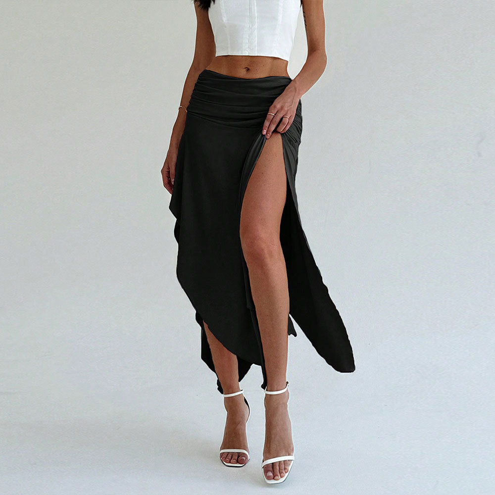 Mena Jupe Midi Femme – Taille Haute, Ceinture Froncée & Ourlet Asymétrique Élégant