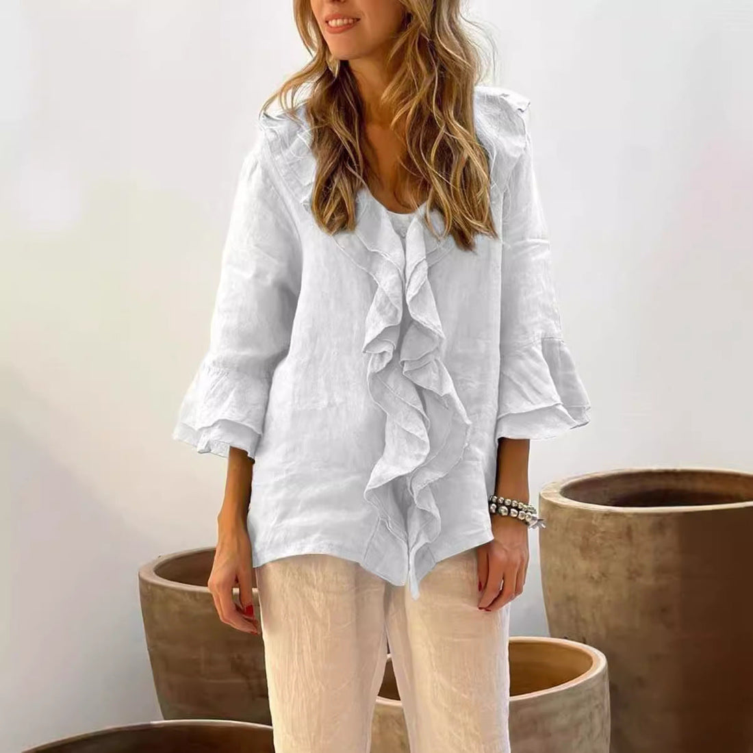 Phoebe Blouse Femme – Blouse Élégante avec Volants & Manches Évasées pour un Look Casual Chic