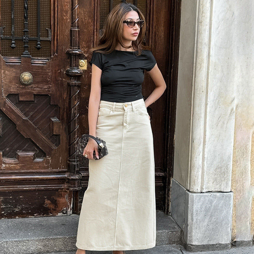 Mara Jupe Longue Femme – Taille Haute Structurée avec Passants & Poches Pratiques