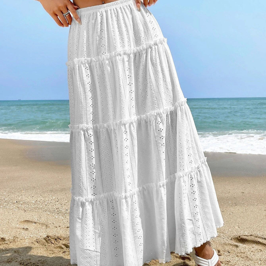 Gonna arruffato di cotone Liezel Long Skirt Light Light con ricami inglesi e vita elastica