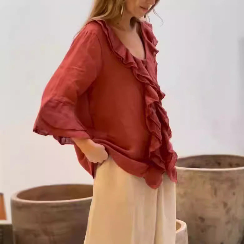 Phoebe Blouse Femme – Blouse Élégante avec Volants & Manches Évasées pour un Look Casual Chic