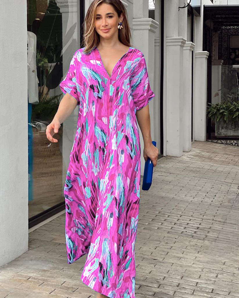 Oaklynn Robe Caftan Femme – Robe Maxi Caftan Légère avec Imprimé Multicolore & Look Estival