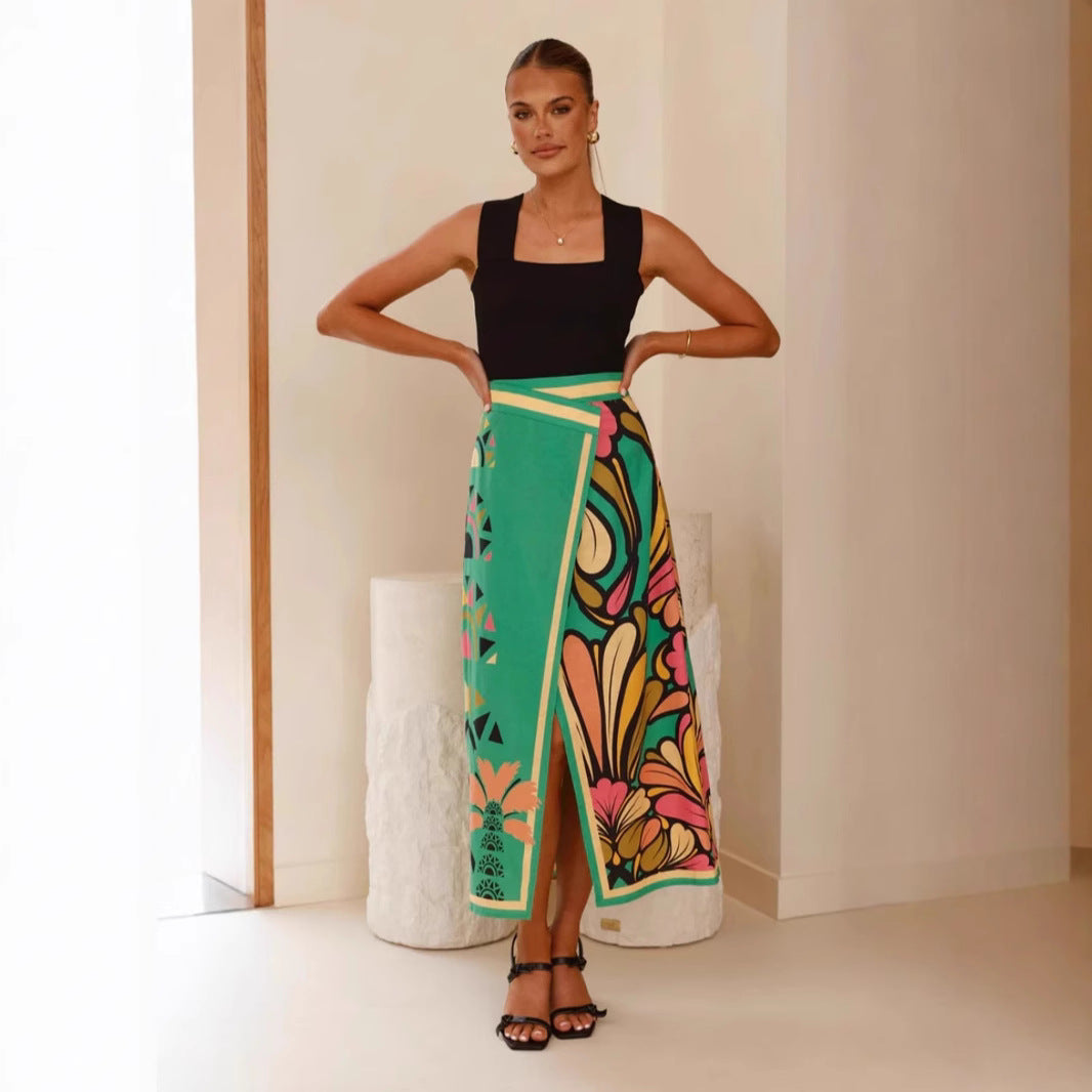 Gonna midi femminile - vita ad alto portafoglio con fessura ed elegante stampa astratta