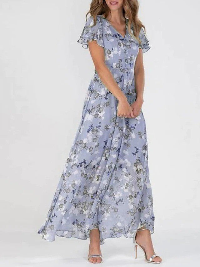 Irene Robe Maxi Femme – Col V Flatteur, Imprimé Floral Léger & Coupe Confortable