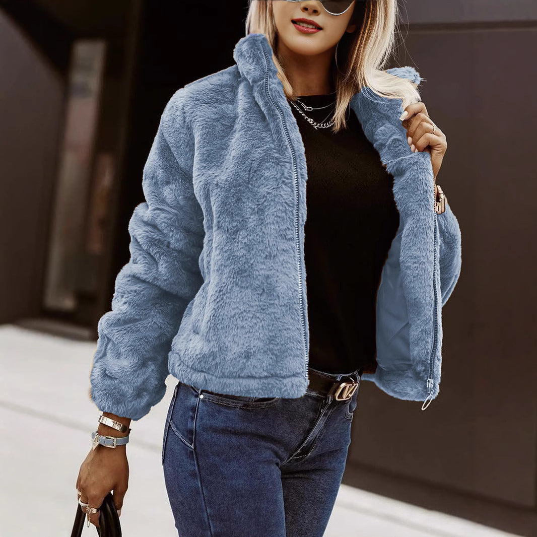 Marnie Płaszcz Damski Pluszowy Brązowy – Miękka Kurtka z Wysokim Kołnierzem Luźny Krój