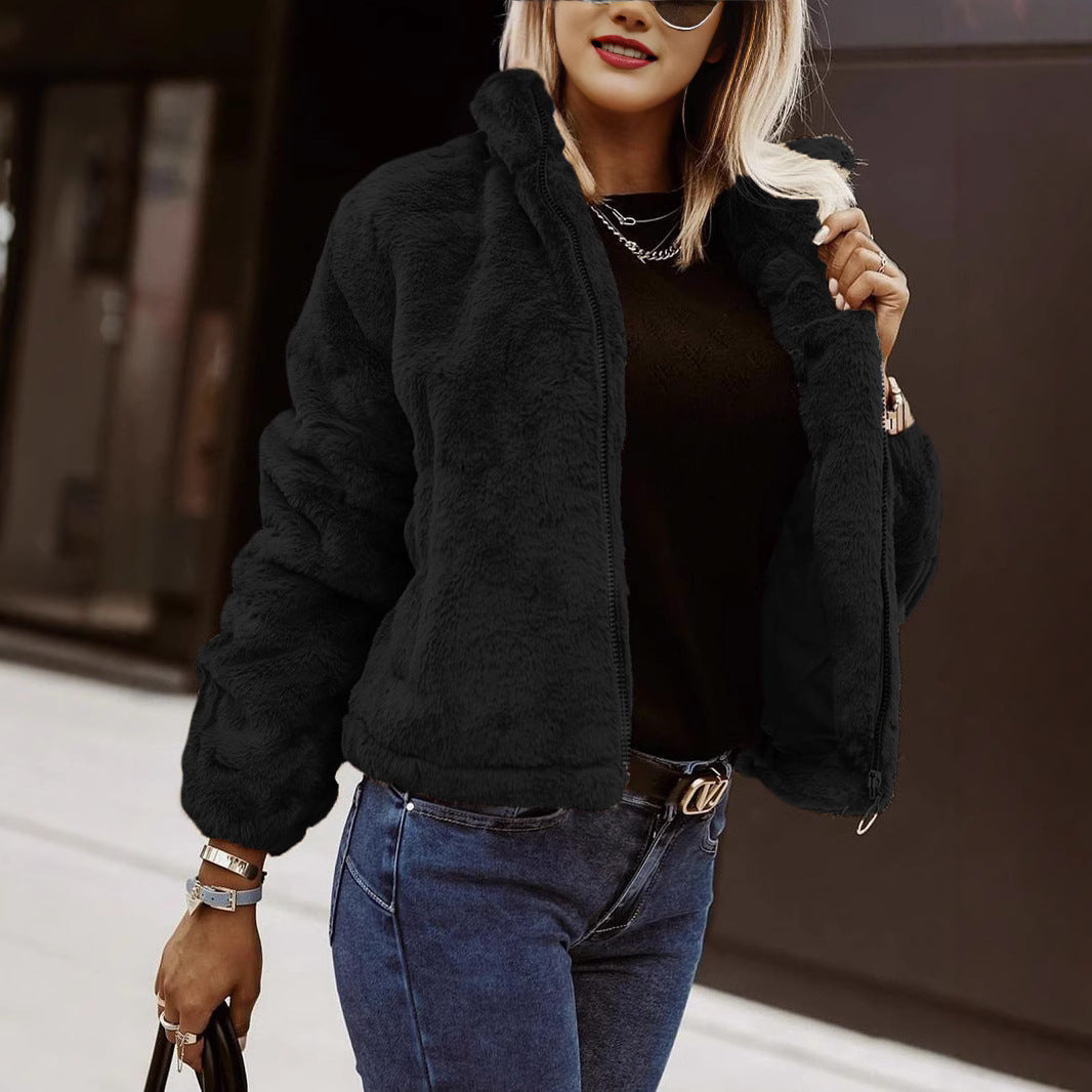 Marnie Płaszcz Damski Pluszowy Brązowy – Miękka Kurtka z Wysokim Kołnierzem Luźny Krój