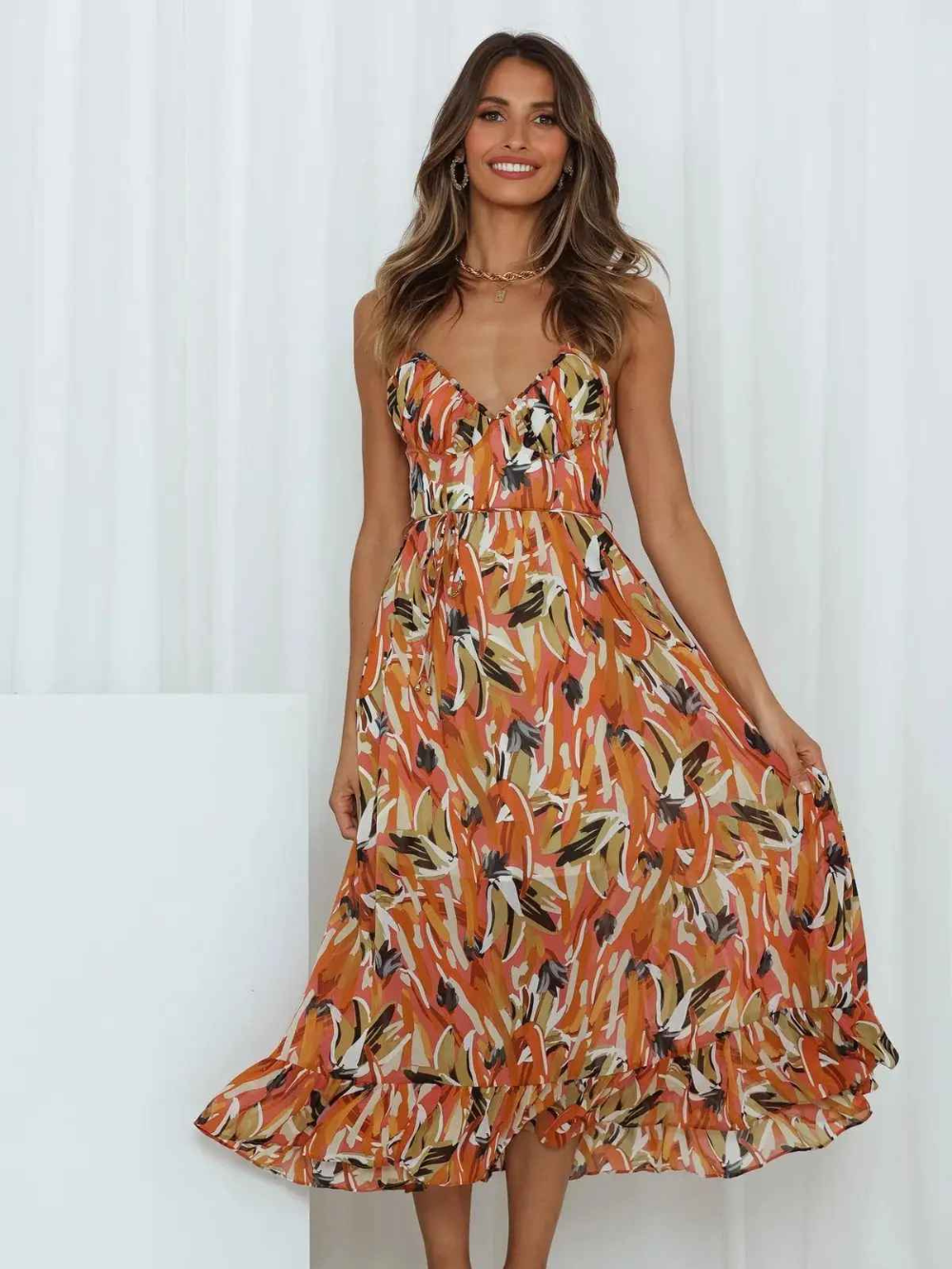 Chloe Robe Longue Femme – Robe d’Été Légère avec Imprimé Tropical et Bretelles Spaghetti Flatteuses