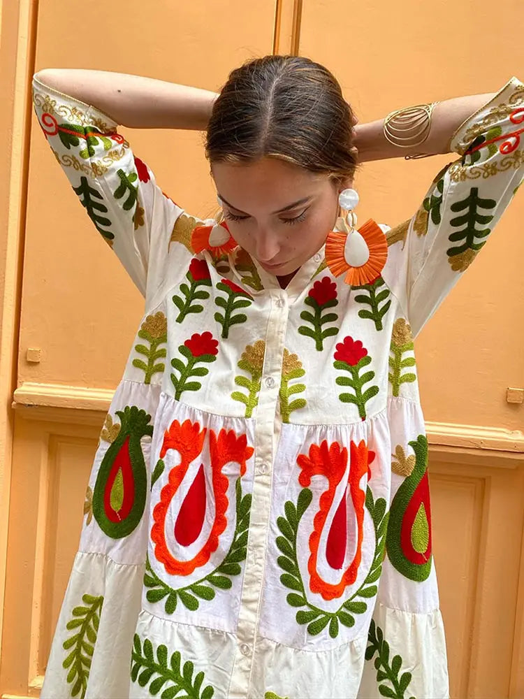 Celia Robe Maxi Femme – Longue Robe en Coton avec Broderies Bohèmes & Détails Colorés