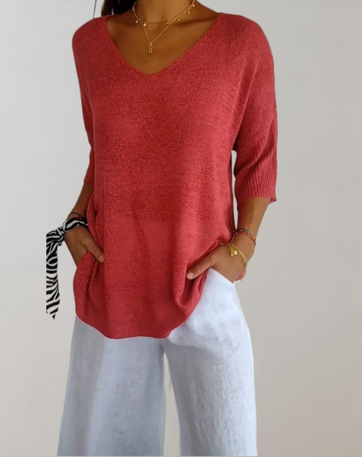 Marise Haut Tricoté Femme – Haut Long Léger avec Col en V & Look Décontracté Élégant
