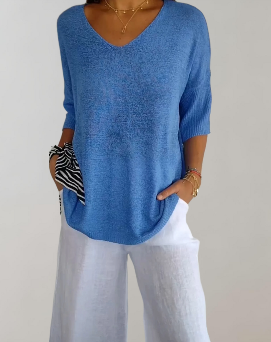 Marise Haut Tricoté Femme – Haut Long Léger avec Col en V & Look Décontracté Élégant