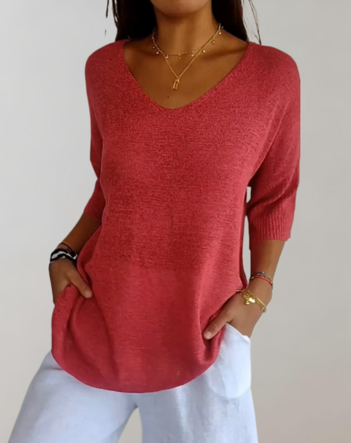 Marise Haut Tricoté Femme – Haut Long Léger avec Col en V & Look Décontracté Élégant
