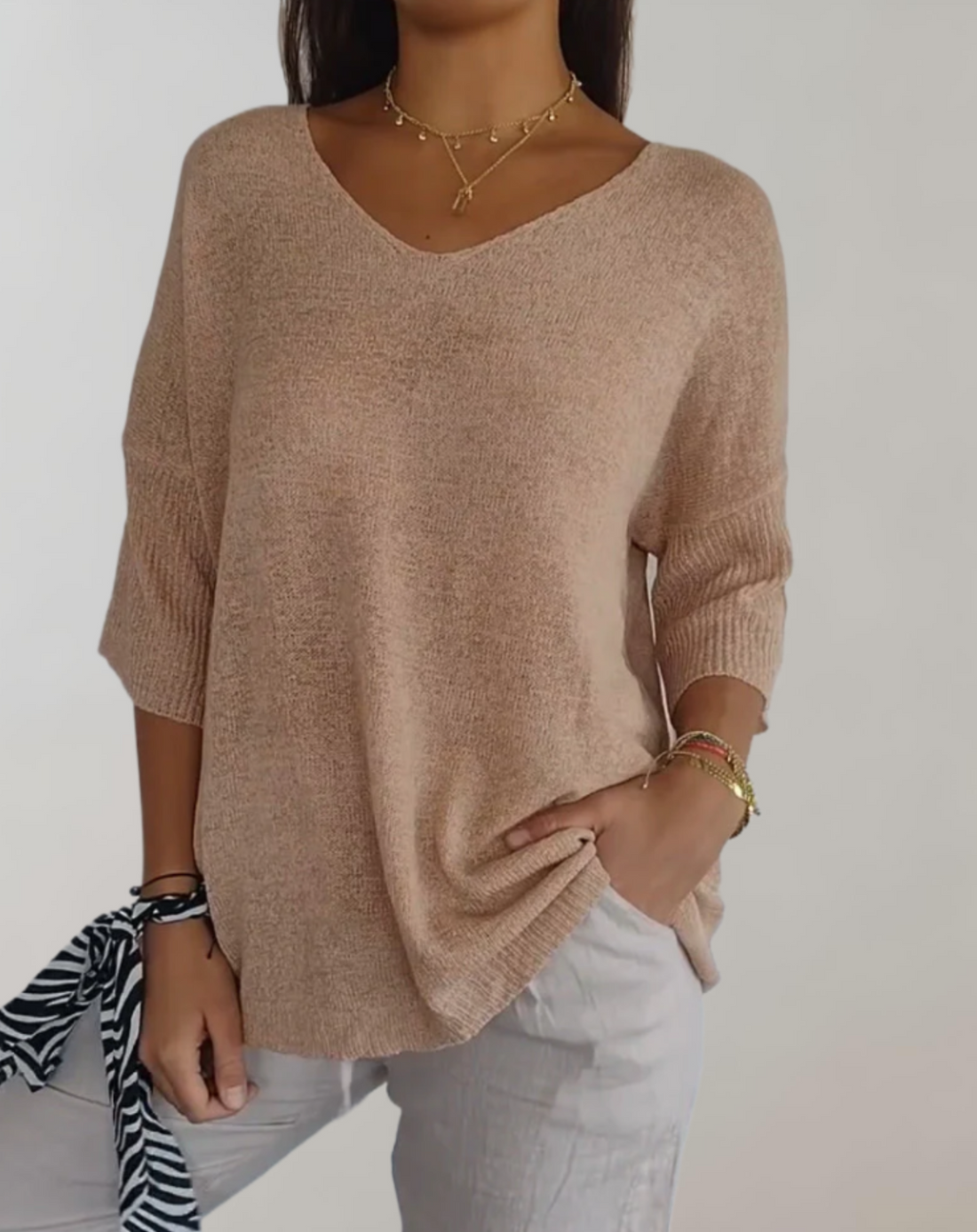 Marise Haut Tricoté Femme – Haut Long Léger avec Col en V & Look Décontracté Élégant