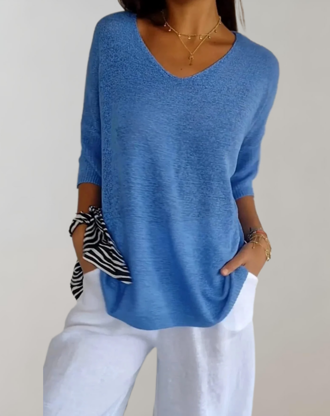 Marise Haut Tricoté Femme – Haut Long Léger avec Col en V & Look Décontracté Élégant