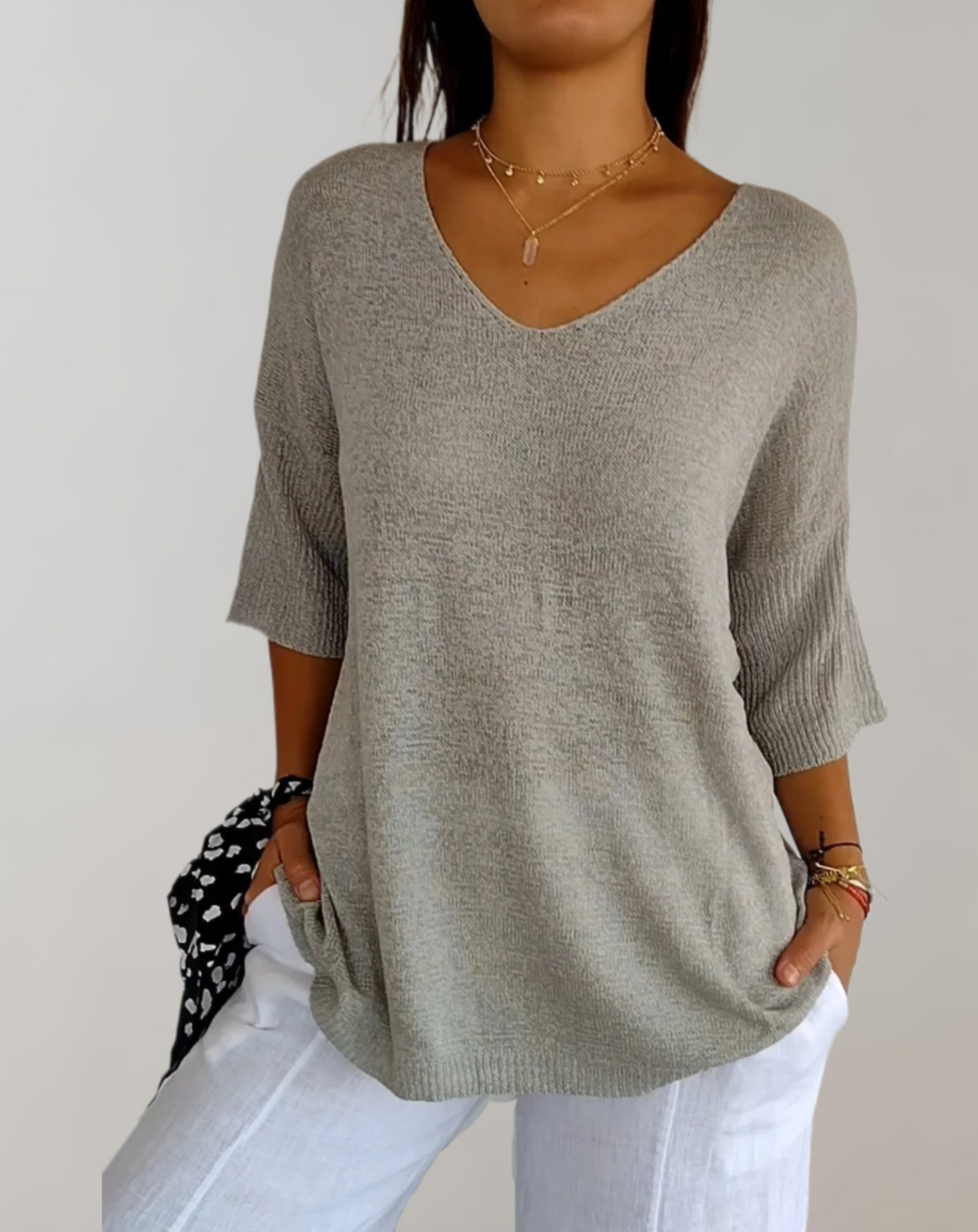 Marise Haut Tricoté Femme – Haut Long Léger avec Col en V & Look Décontracté Élégant