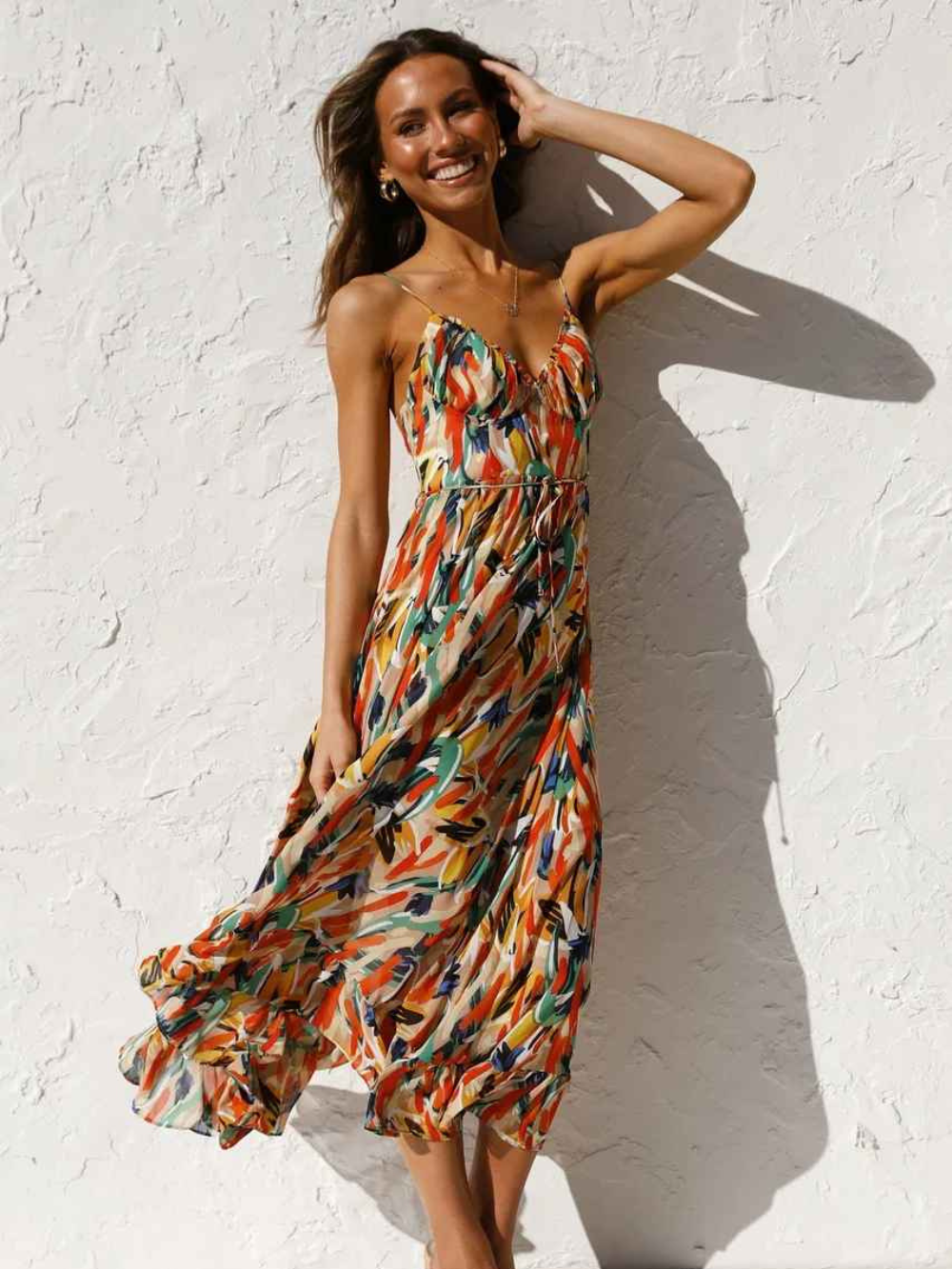 Chloe Robe Longue Femme – Robe d’Été Légère avec Imprimé Tropical et Bretelles Spaghetti Flatteuses