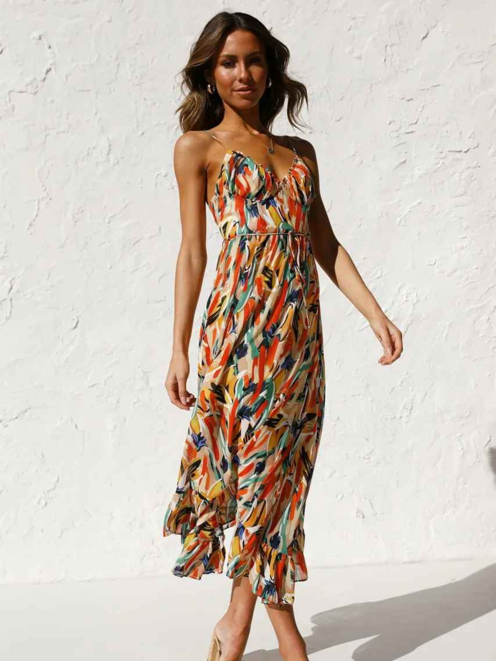 Chloe Robe Longue Femme – Robe d’Été Légère avec Imprimé Tropical et Bretelles Spaghetti Flatteuses