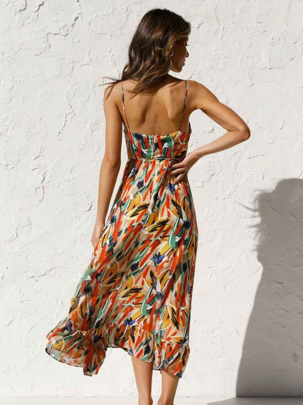 Chloe Robe Longue Femme – Robe d’Été Légère avec Imprimé Tropical et Bretelles Spaghetti Flatteuses