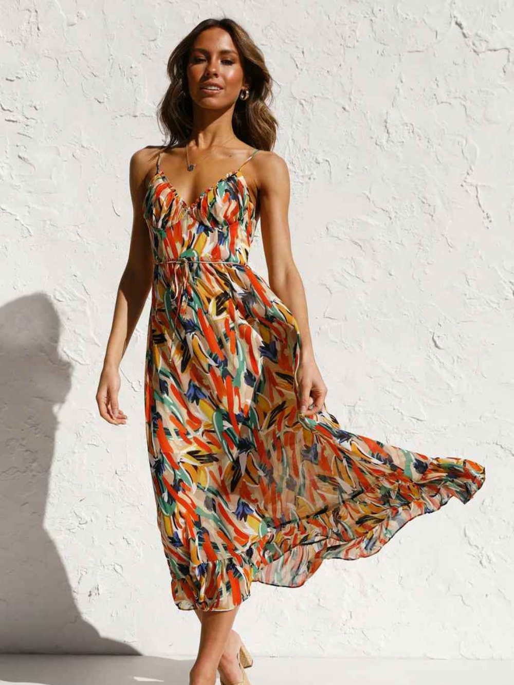 Chloe Robe Longue Femme – Robe d’Été Légère avec Imprimé Tropical et Bretelles Spaghetti Flatteuses