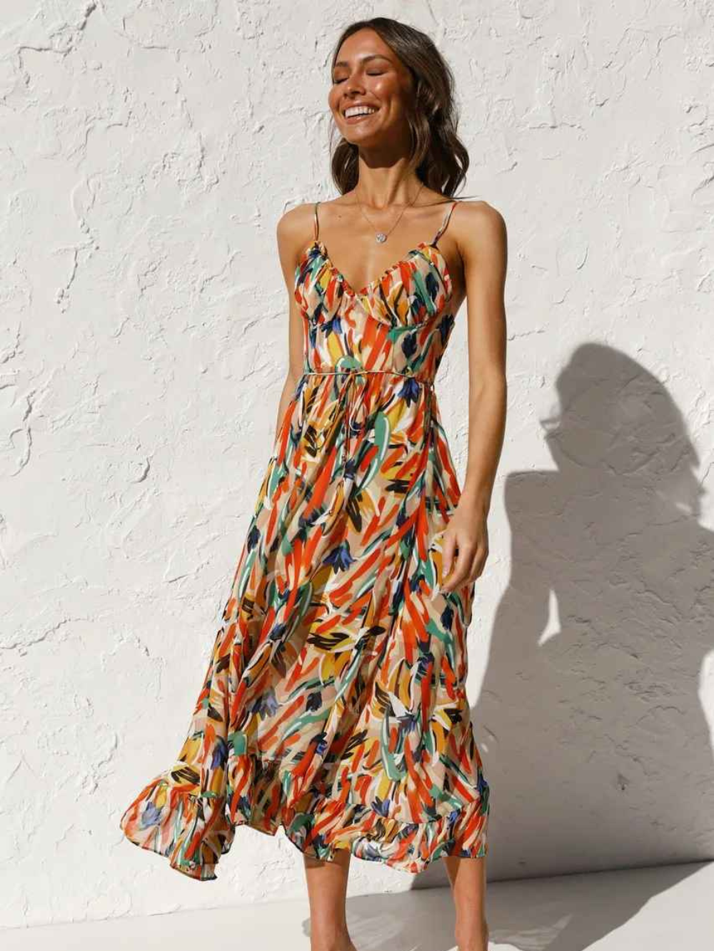 Chloe Robe Longue Femme – Robe d’Été Légère avec Imprimé Tropical et Bretelles Spaghetti Flatteuses