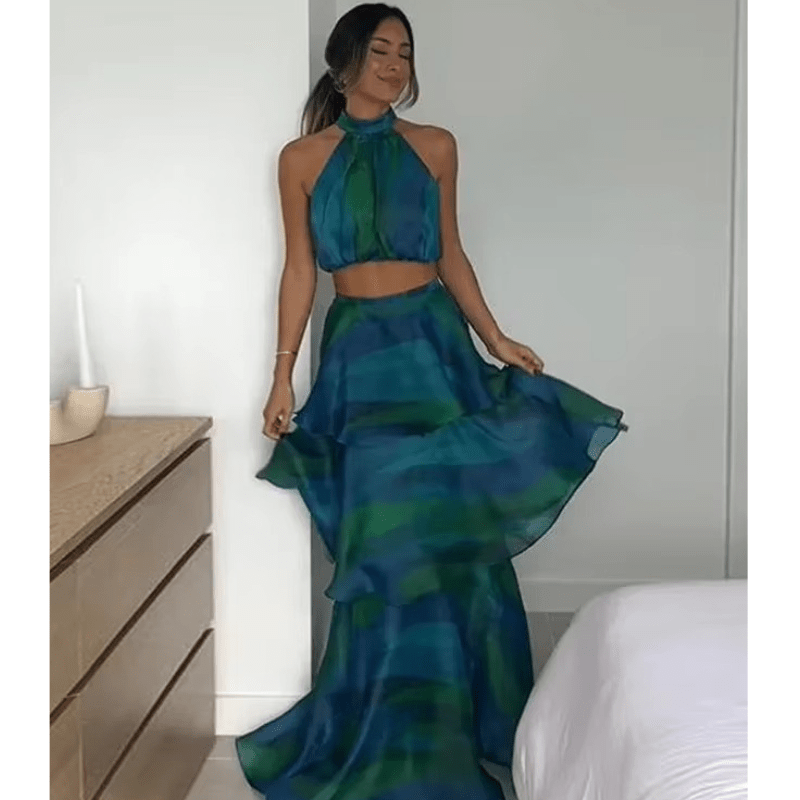 Philomène Robe Maxi Femme – Imprimé Floral, Volants Superposés & Encolure Dos Nu