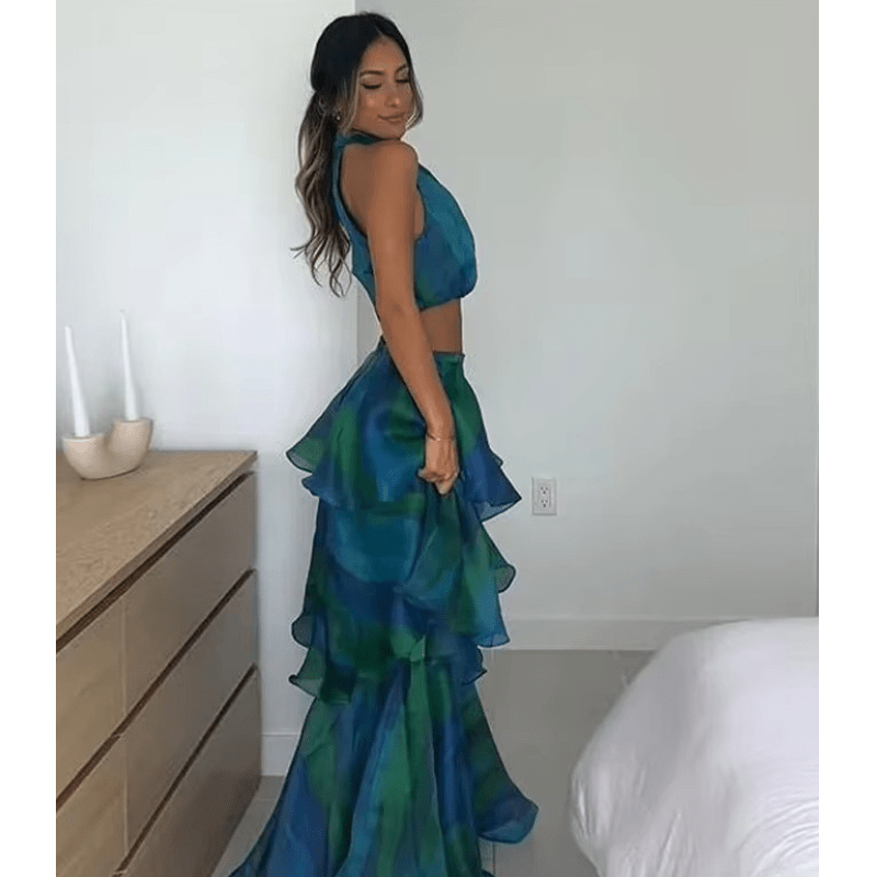 Philomène Robe Maxi Femme – Imprimé Floral, Volants Superposés & Encolure Dos Nu