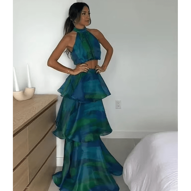 Philomène Robe Maxi Femme – Imprimé Floral, Volants Superposés & Encolure Dos Nu