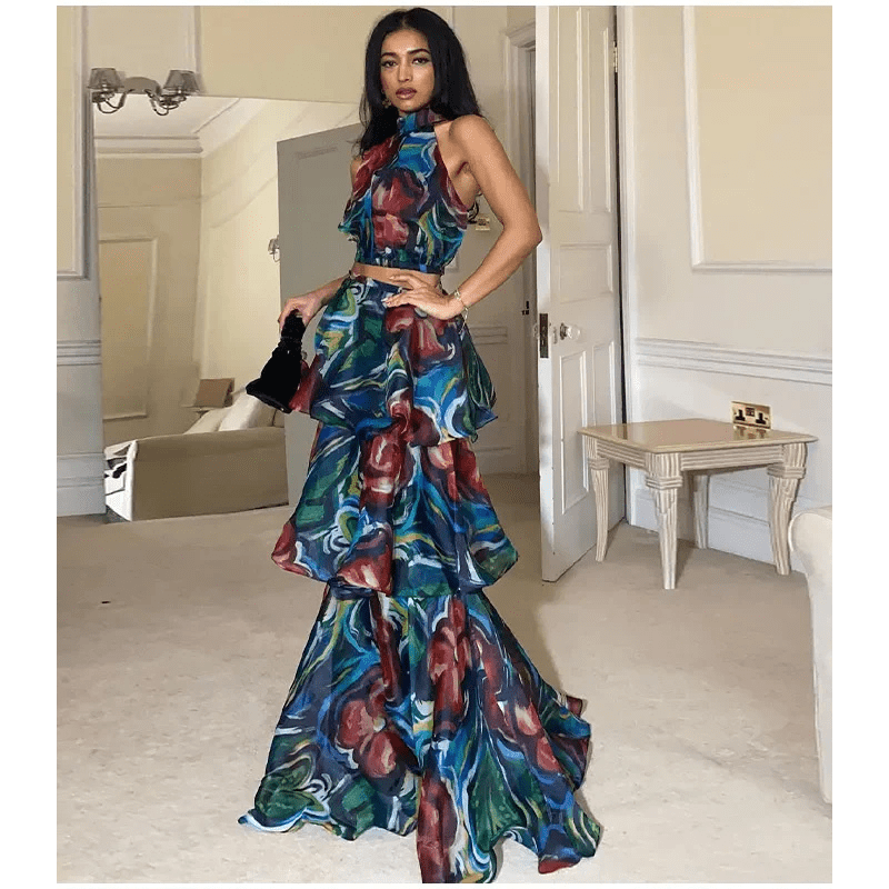 Philomène Robe Maxi Femme – Imprimé Floral, Volants Superposés & Encolure Dos Nu