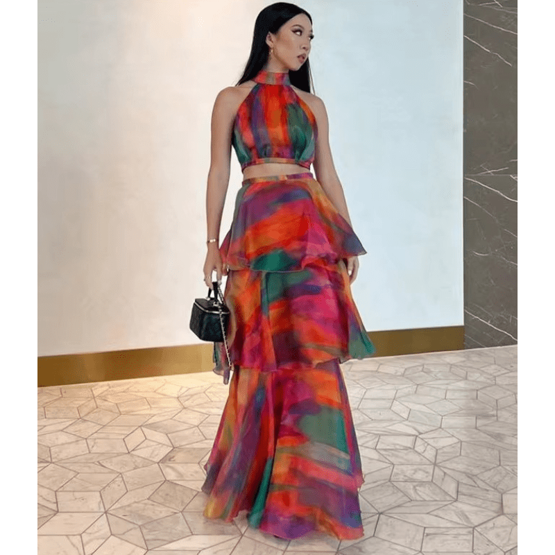 Philomène Robe Maxi Femme – Imprimé Floral, Volants Superposés & Encolure Dos Nu