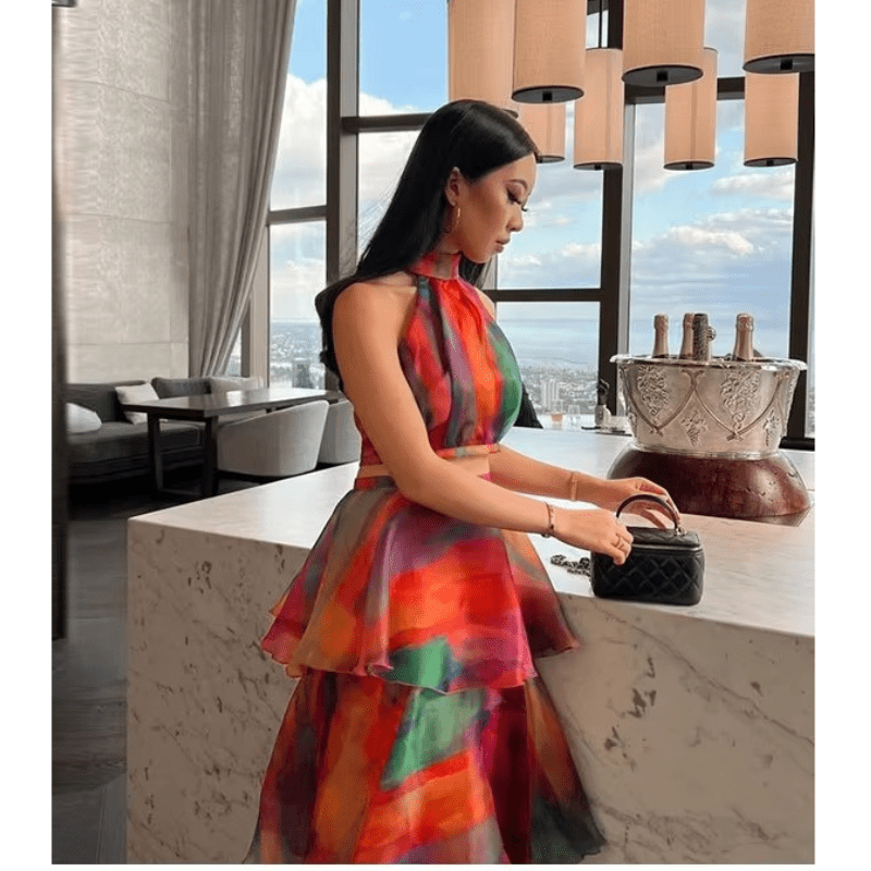 Philomène Robe Maxi Femme – Imprimé Floral, Volants Superposés & Encolure Dos Nu