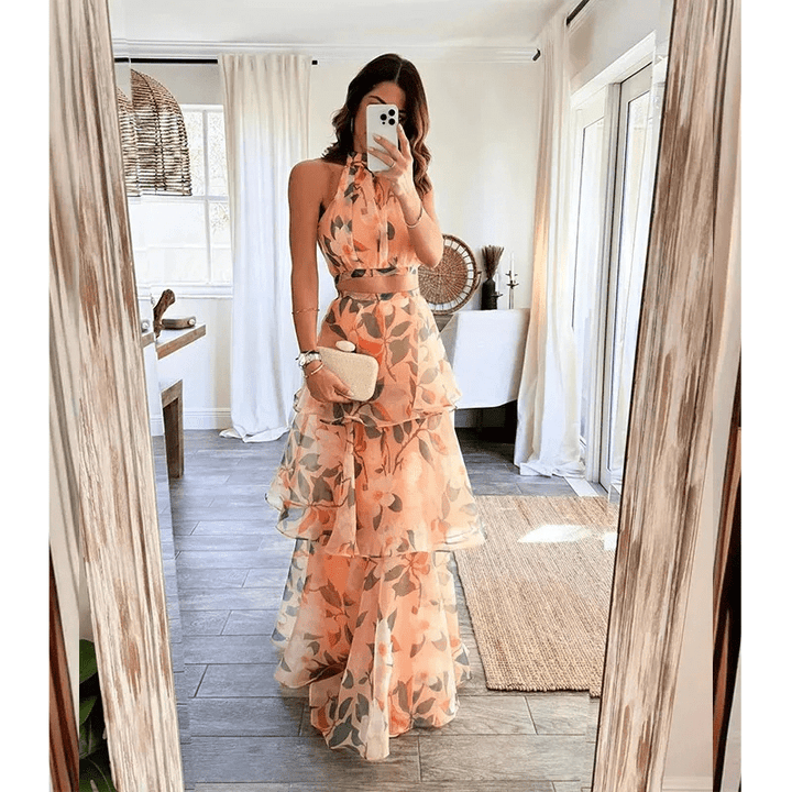 Philomène Robe Maxi Femme – Imprimé Floral, Volants Superposés & Encolure Dos Nu