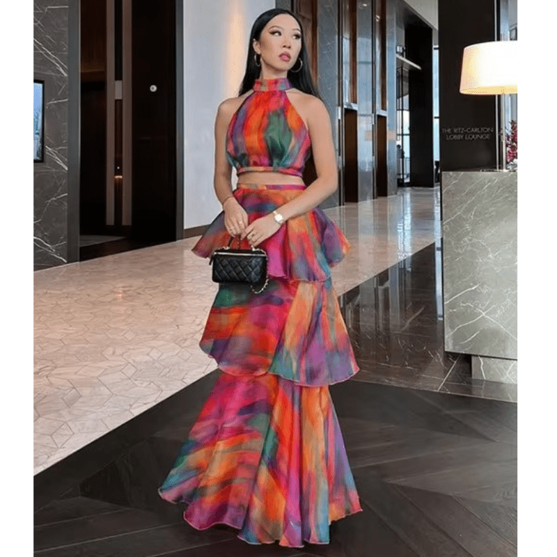 Philomène Robe Maxi Femme – Imprimé Floral, Volants Superposés & Encolure Dos Nu