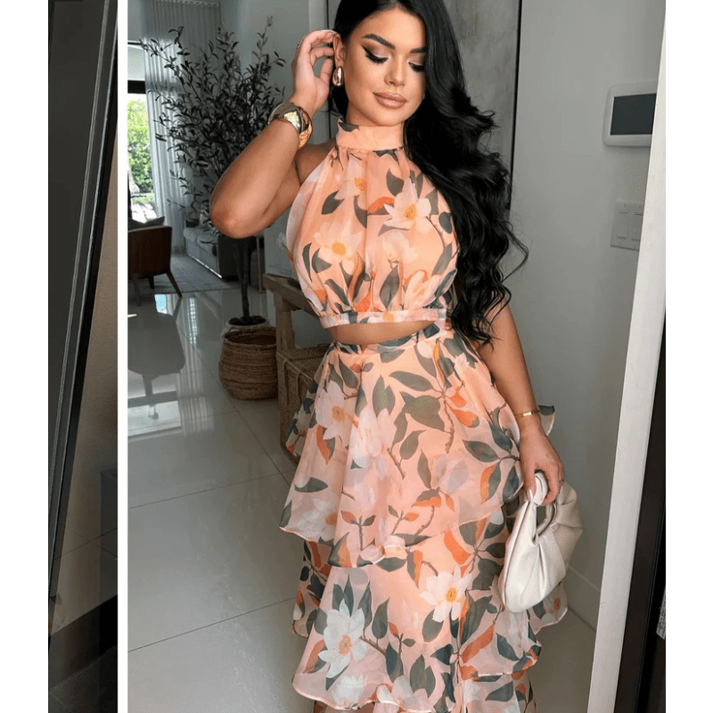 Philomène Robe Maxi Femme – Imprimé Floral, Volants Superposés & Encolure Dos Nu