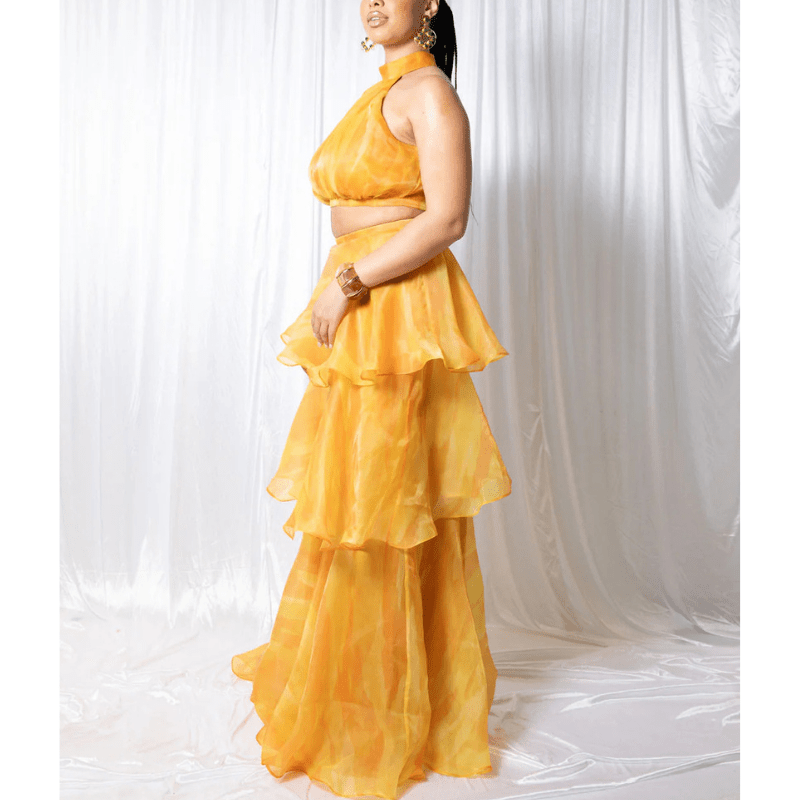 Philomène Robe Maxi Femme – Imprimé Floral, Volants Superposés & Encolure Dos Nu