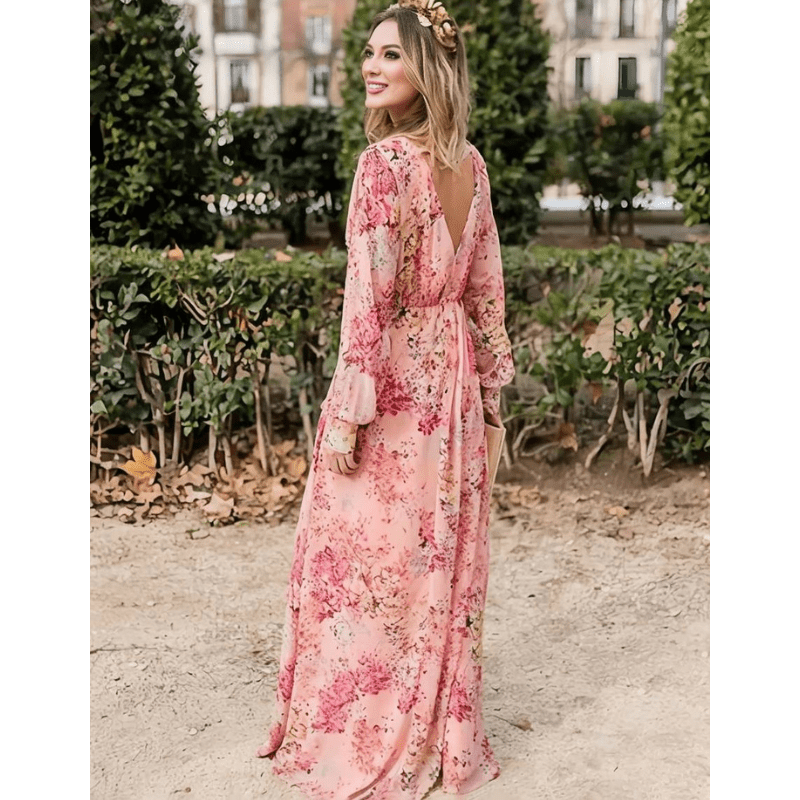 Pia Robe Longue Femme – Motif Floral Bohème, Décolleté V & Manches Longues Élégantes