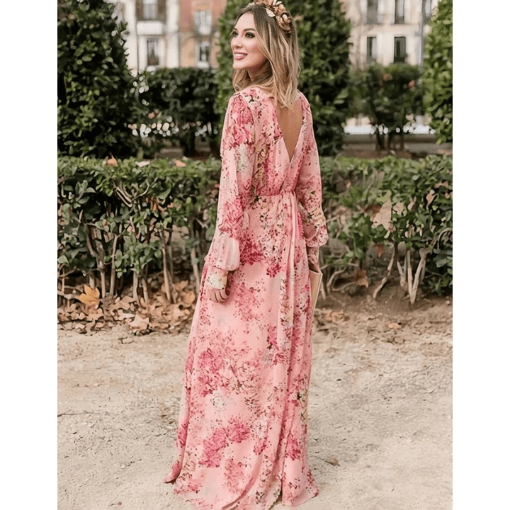 Pia Robe Longue Femme – Motif Floral Bohème, Décolleté V & Manches Longues Élégantes