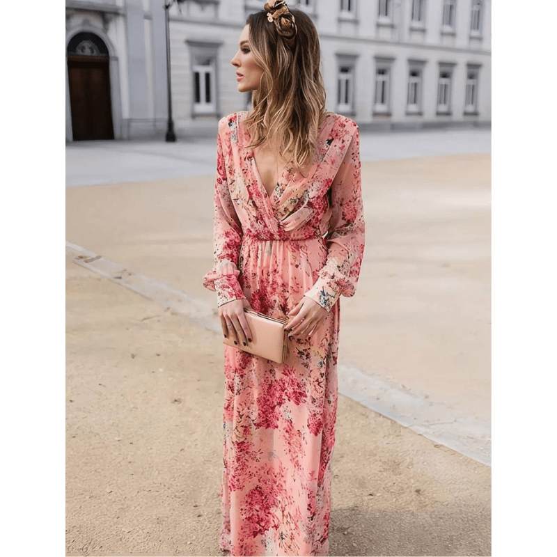 Pia Robe Longue Femme – Motif Floral Bohème, Décolleté V & Manches Longues Élégantes