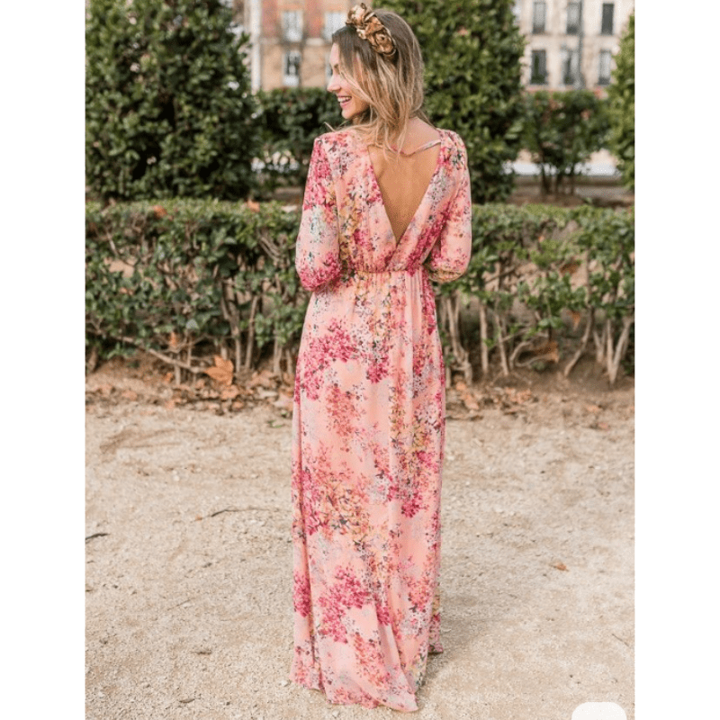 Pia Robe Longue Femme – Motif Floral Bohème, Décolleté V & Manches Longues Élégantes
