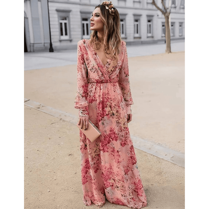 Pia Robe Longue Femme – Motif Floral Bohème, Décolleté V & Manches Longues Élégantes