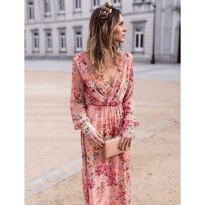 Pia Robe Longue Femme – Motif Floral Bohème, Décolleté V & Manches Longues Élégantes