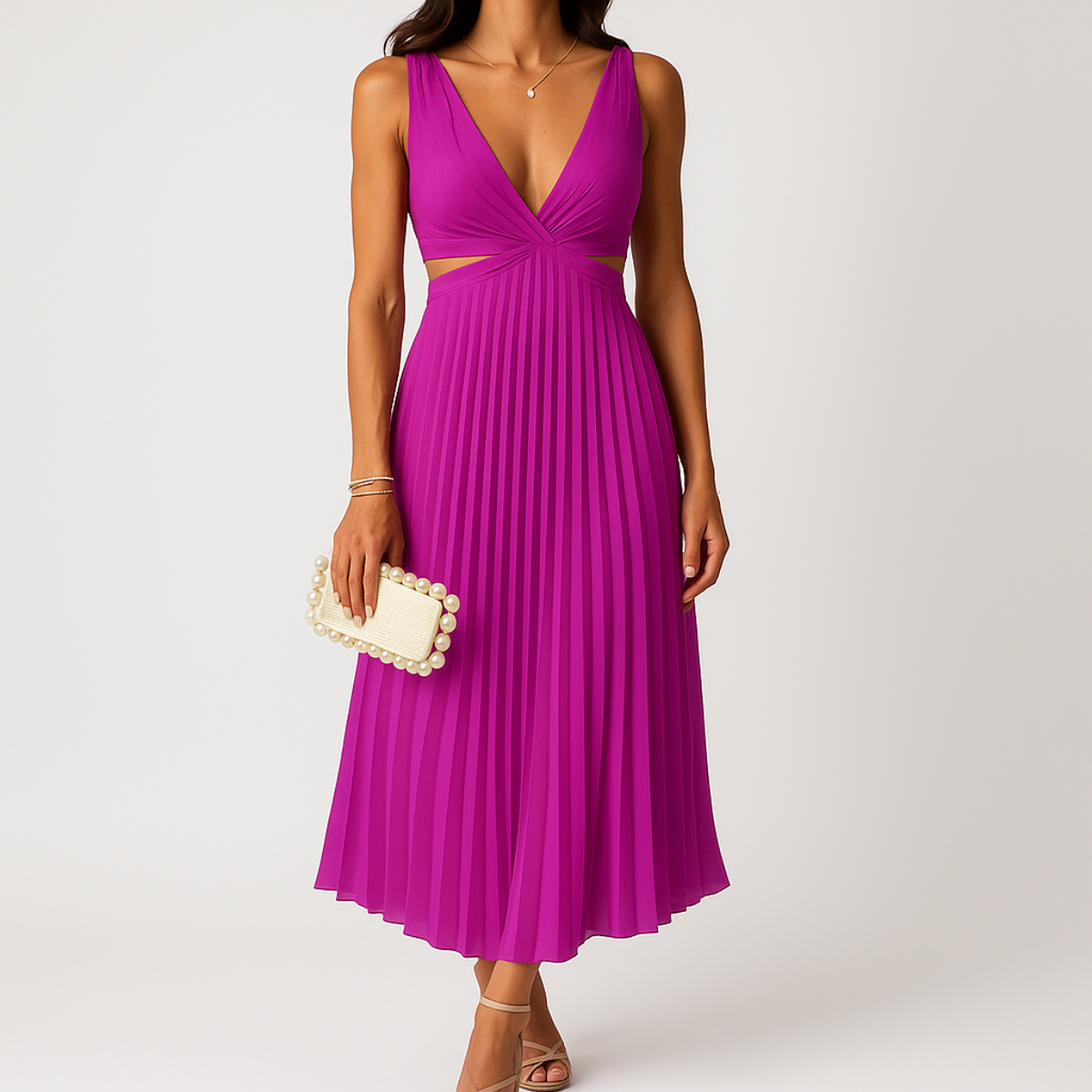 Vestido plisado de Shandee: satén brillante, corte de líquido y elegancia refinada