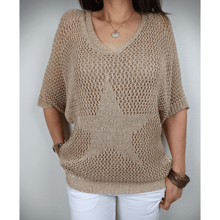 Prisca Haut Femme – Maille Crochet Sophistiquée, Manches ¾ & Style Bohème Léger