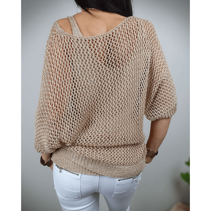 Prisca Haut Femme – Maille Crochet Sophistiquée, Manches ¾ & Style Bohème Léger