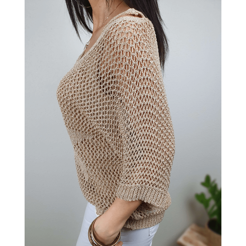 Prisca Haut Femme – Maille Crochet Sophistiquée, Manches ¾ & Style Bohème Léger